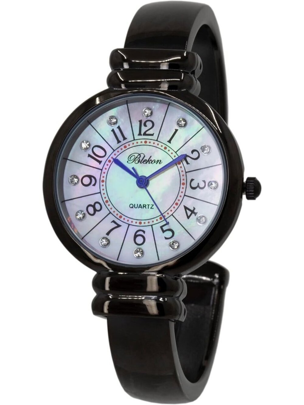 Women's Black And Blue Hand Analog Metal hinged Pearl Cuff Bracelet Wrist Watch